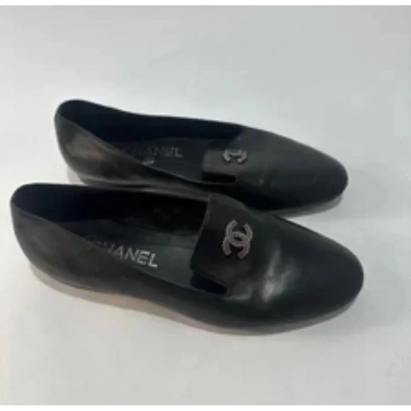 Chanel Black Leather CC Logo Shoes Slip on Loafers for Women 37 / US 7 - Picture 2 of 7